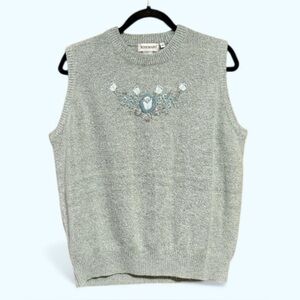 Womens Vintage Kitschy Cottage Soft Knit Sweater Vest BlueGrey Embroider Flowers